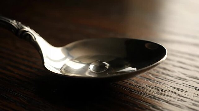 Metal spoon with a small amount of liquid on a dark wooden surface