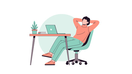 Man relaxing at desk with laptop, hands behind head, minimalist illustration