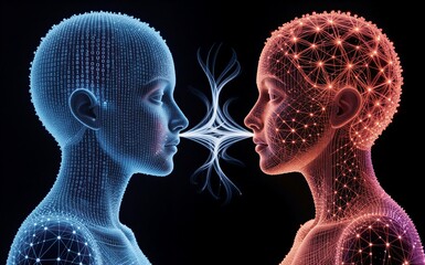 Two digital humans exchange data streams, symbolizing human connection and information transfer.