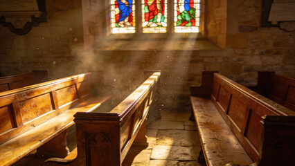 Light Shining Through Stained Glass in a Quiet Church Interior  