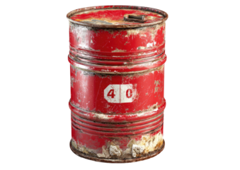 Weathered red drum with faded "40" marking and rust on dark background