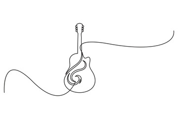 Minimal continuous one stroke drawing illustration of an acoustic guitar with a central swirl