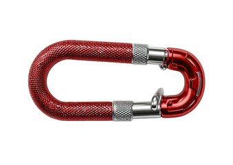 Red metal carabiner with textured body and silver lock, isolated