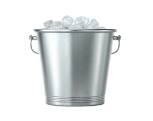 Silver ice bucket, full of crushed ice, with curved handles