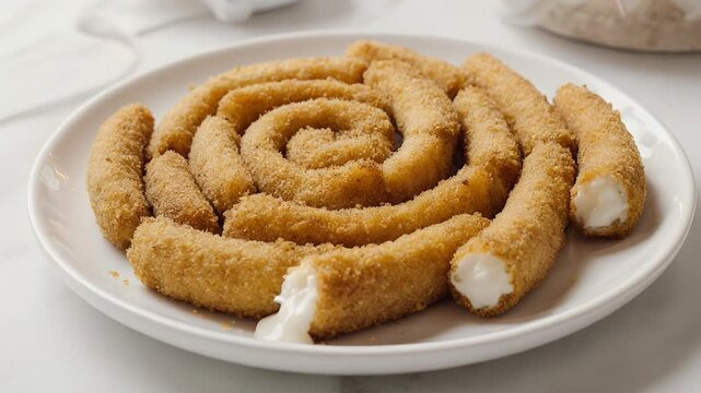 Delicious mozzarella sticks arranged in a spiral pattern for an appetizing snack