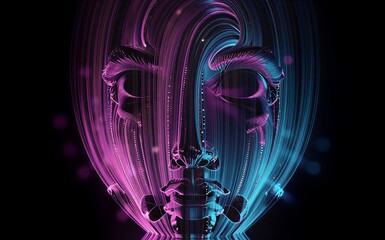 Vibrant neon swirls in purple and blue spiral against black, glowing dynamically.