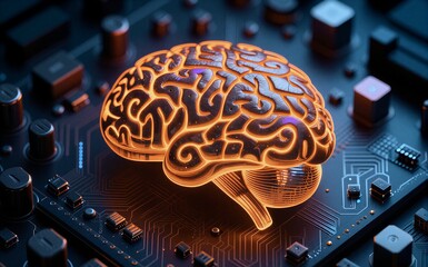 Neon brain rests on circuit board, blending human cognition with futuristic technology.