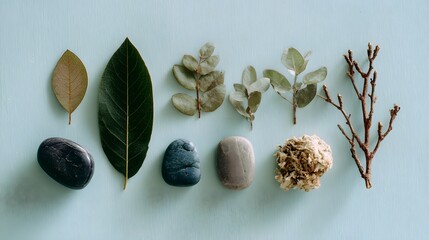 A collection of natural elements including leaves and stones arranged on a light blue surface