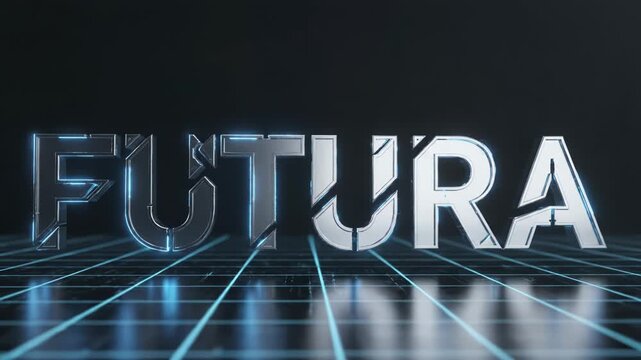 A futuristic 3d rendering of metallic letters on a grid background with blue lines and a dark atmosphere