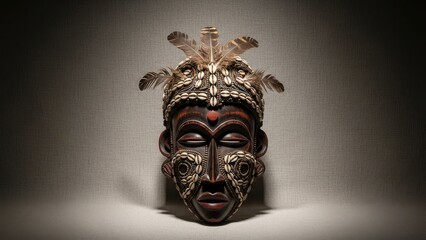 Intricate african mask with feathers displayed
