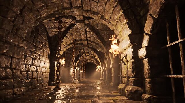 Cinematic Medieval Dungeon Corridor with Hanging Chains and Stone Arches
