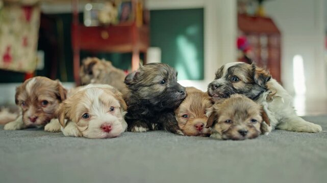 Group of adorable Havanese puppies resting together on a soft carpet indoors, lying close in a cozy home setting