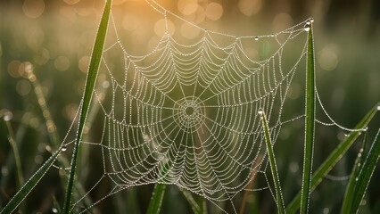 Dewdrops cling to delicate spiderweb strands
