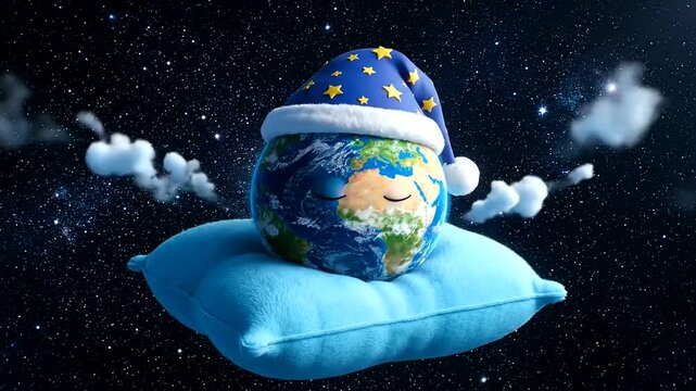 Adorable Cartoon Earth Sleeping Peacefully on a Blue Pillow in Starry Space with Floating Clouds, Celebrating World Sleep Day for Rest and Relaxation