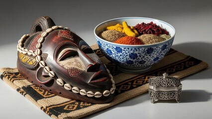African mask with spices and porcelain bowl