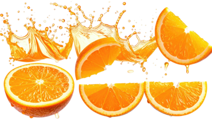 A vibrant image showcasing ripe orange slices with a juice splash, isolated against a transparent background