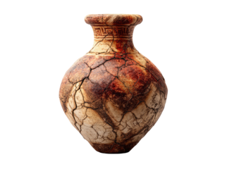 Ancient cracked pot with reddish-brown hues against a stark black background