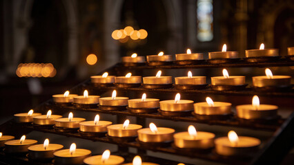 Tealight candles glowing softly in a dimly lit church  