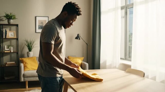 Man folding yellow cloth on a table in bright sunny room.