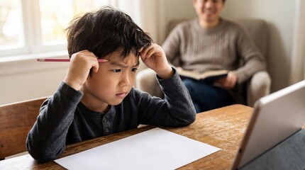 Confused asian boy holding pencil against head and staring at tablet screen while studying at home