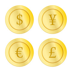 ドル・円・ユーロ・ポンドを金貨風に表現した、通貨アイコンのゴールドコインセット