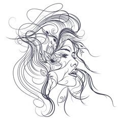 Fashion vector lined beautiful fairy nymph in elegant style, portrait with flowers