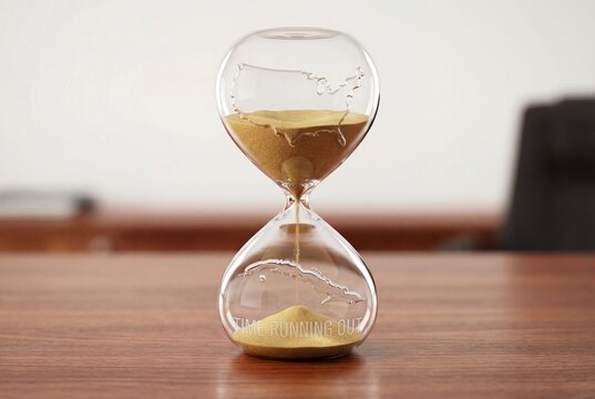 Hourglass with USA and cuba map shapes showing sand flowing and time running out text on wooden desk