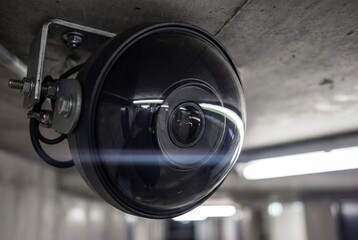 Close up view of black cctv surveillance camera mounted on concrete ceiling in underground parking lot