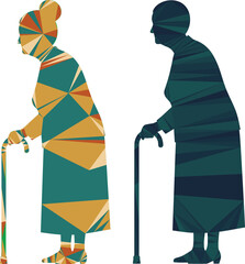 Two elderly people walking with canes in colorful geometric patterns