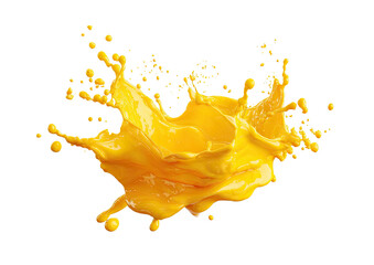 Vibrant yellow liquid splatters dynamically across a solid black background