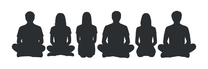 A silhouette depiction of six individuals seated in a lotus position suggesting meditation and peaceful mindfulness practices