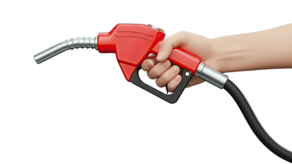 Hand holding a red gas pump nozzle