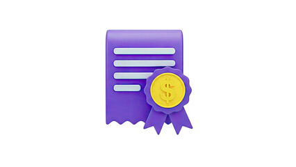3D icon of a purple document with a gold dollar coin seal