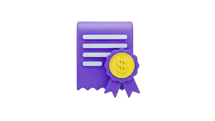 3D icon of a purple document with a gold dollar coin seal