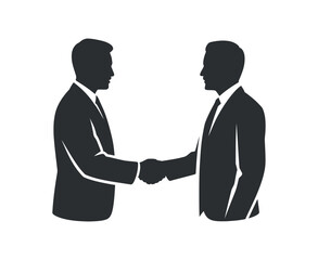 A striking silhouette depicts two formally dressed men engaged in a firm handshake symbolizing agreement and collaboration