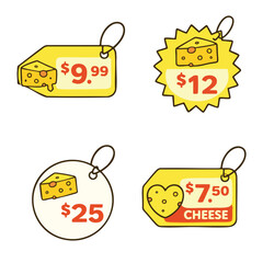 $9.99 $12 $25 and $7.50 cheese price tags in various shapes including starburst circle heart and rectangle with cartoon cheese illustrations and bold red pricing
