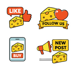 Cheese icon with social media elements including like follow buy and new post notifications featuring cartoon cheese heart phone and megaphone in fun and engaging style