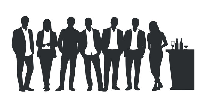 A group of silhouetted business professionals are networking at a social gathering with drinks and a small table