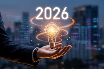 Businessman hand holding light bulb with brain and gears for 2026 business innovation concept
