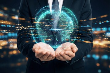 Businessman holding glowing blue digital globe hologram in open hands with global network lines
