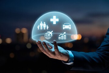 Businessman holding digital hologram of comprehensive life health car and travel insurance shield
