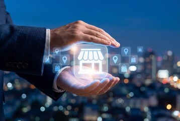 Businessman hands protecting virtual store icon with shopping symbols over blurred night city lights