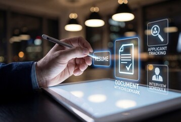Man's hand using stylus on tablet to manage digital documents and applications