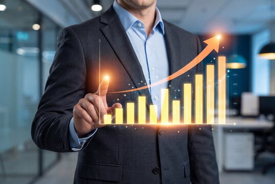 Businessman touching virtual graph showing financial growth and rising profits in modern office - Powered by Adobe