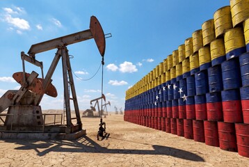 Venezuelan oil industry concept with pump jack and flag painted barrels on dry desert ground