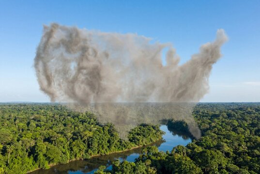 Grey smoke cloud in the shape of USA map drifting over lush green jungle and blue river landscape