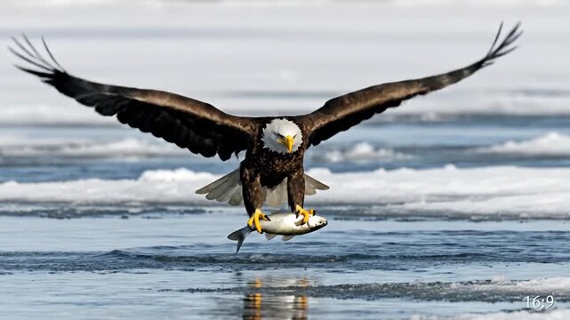 Bald eagle landing on water with outstretched wings