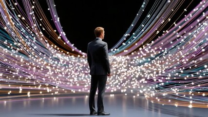 Navigating the Digital Realm: A businessman contemplates the intricate network of data streams, symbolizing the power of information technology. - Powered by Adobe