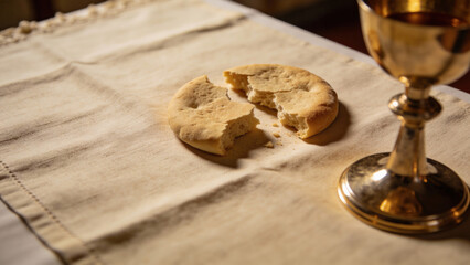 Bread and Wine on a Cloth Table for Communion Ceremony  
