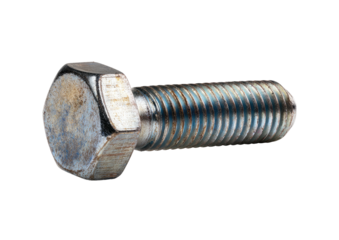 Metal bolt with hexagonal head and threads, seen against a black background